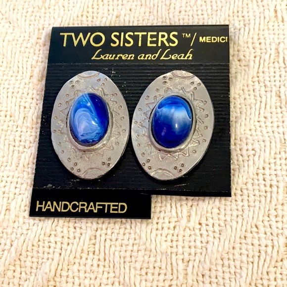 5/$25 Two sisters Lauren and Leah handcrafted pewter and blue clip earrings. - Picture 1 of 3
